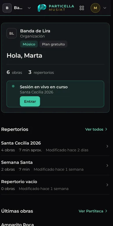 Inicio de PARTICELLA en el móvil